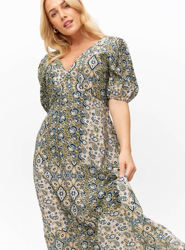 Green Paisley Printed Short Sleeve Midaxi Tea Dress 14